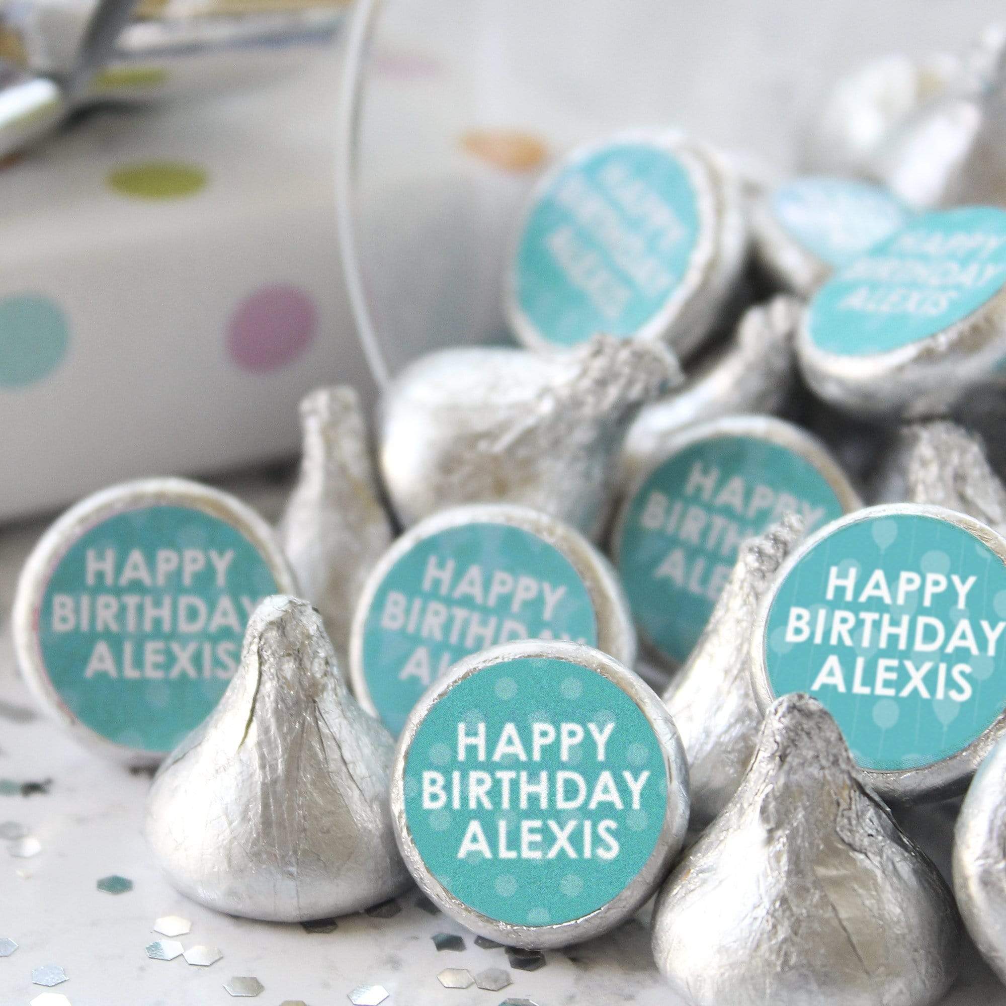 Teal Personalized Happy Birthday Party Favor Stickers With Name - 180 Stickers